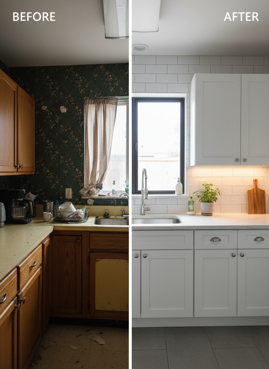 A side-by-side, photographic realism composition of a kitchen renovation before-and-after scene within one frame, divided by a clean vertical line. On the left, an outdated, dimly lit space with worn laminate countertops and mismatched cabinets. On the right, the same space fully renovated: bright shaker cabinets, a stone backsplash with precise grout lines, a sleek quartz countertop, and under-cabinet lighting casting a warm, even glow. The right side features natural daylight streaming through a now-unobstructed window, enhancing the brightness and cleanliness. Shot at eye level with a consistent angle and perspective, allowing direct comparison. The atmosphere on the renovated side is fresh, orderly, and reliable, clearly showcasing the transformation delivered by experienced home renovation professionals trusted by local homeowners.