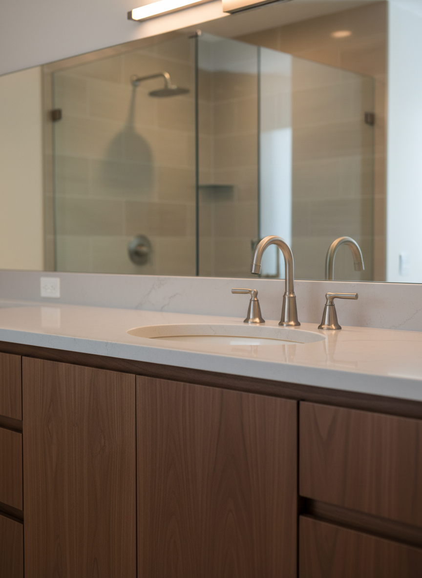 A detailed close-up of a bathroom renovation centerpiece: a custom-built, solid wood vanity with a rich walnut finish, topped with a smooth, light-colored quartz countertop and an under-mount porcelain sink. The grain of the wood is clearly visible, edges are perfectly mitered, and the cabinet doors align in a seamless plane. Above, a frameless mirror reflects a hint of a glass-enclosed shower with large-format porcelain tiles. Warm, evenly distributed LED lighting from a modern fixture casts a clean, flattering glow, creating soft highlights on the faucet’s brushed nickel surface. Photographic realism with a shallow depth of field, focusing sharply on the joinery and hardware. The atmosphere is calm, modern, and refined, underscoring precision workmanship and elevate-your-home renovation quality.