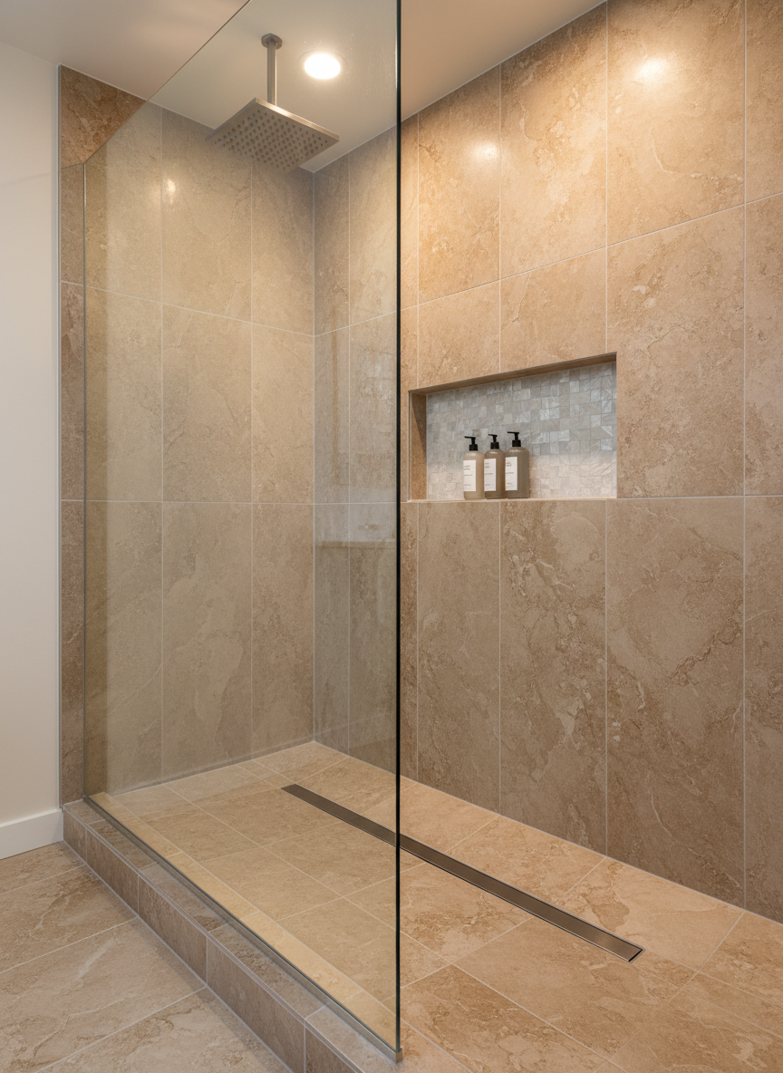 A luxurious, newly renovated walk-in shower featuring large-format porcelain tiles in a warm stone pattern installed with ultra-thin, perfectly straight grout lines. A frameless, crystal-clear glass panel sits on a meticulously sloped shower pan with a linear drain, all aligned with precision. A recessed niche with accent mosaic tiles holds simple, neutral-toned bottles. Overhead, a modern rainfall shower head in brushed stainless steel glints under recessed ceiling lights, which cast soft reflections on the glass and tile. Photographic realism with a three-quarter angle composition, capturing depth without distortion. The atmosphere is spa-like yet practical, conveying durability, water-tight construction, and careful attention to detail that comes from decades of specialized renovation expertise.