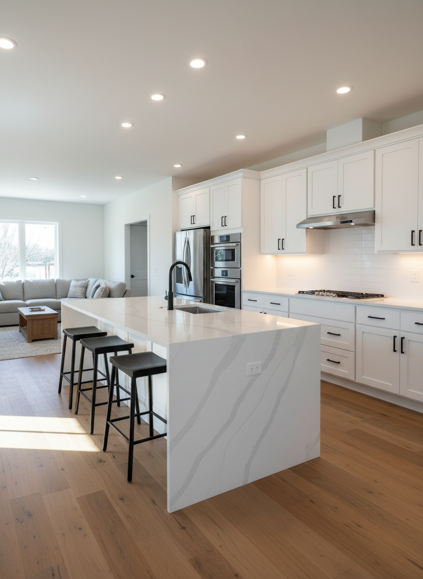 A freshly completed open-concept kitchen renovation showcasing flawless craftsmanship: crisp white shaker cabinets with soft-close doors, a solid quartz waterfall island with subtle gray veining, and perfectly aligned matte black hardware. The island sits centered on warm, wide-plank oak flooring that runs seamlessly into an adjoining living area. Under-cabinet LED strips and recessed ceiling lights blend with natural afternoon light from a large unseen window, creating clean reflections on the stainless-steel appliances and polished surfaces. Photographic realism at eye level, with a wide-angle lens capturing the entire space in sharp focus. The atmosphere feels professional, organized, and welcoming, emphasizing precision, durability, and high-quality workmanship trusted by discerning homeowners.