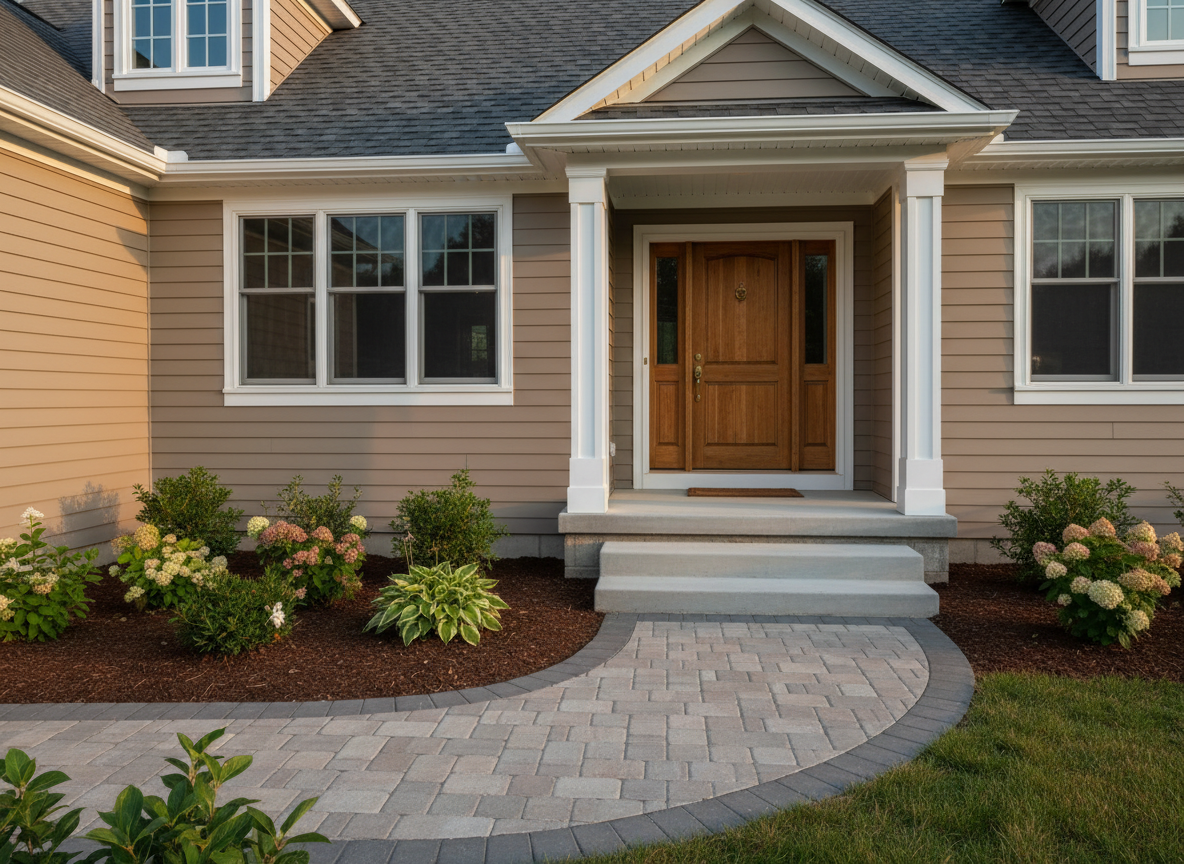 A meticulously renovated exterior of a suburban home featuring new fiber-cement siding in a soft taupe tone, crisp white trim, and a flawlessly installed architectural shingle roof. A sturdy, stained wood front door with detailed paneling sits under a neatly constructed portico supported by square columns. The landscaped front walkway is composed of carefully laid pavers leading to smooth concrete steps. Soft late-afternoon sunlight creates gentle shadows along the siding, highlighting straight lines and tight seams. Photographic realism from a slightly elevated angle, capturing the full facade with balanced composition and clear details. The mood is dependable and reassuring, conveying long-lasting quality, attention to detail, and pride in workmanship for local homeowners considering exterior renovations.